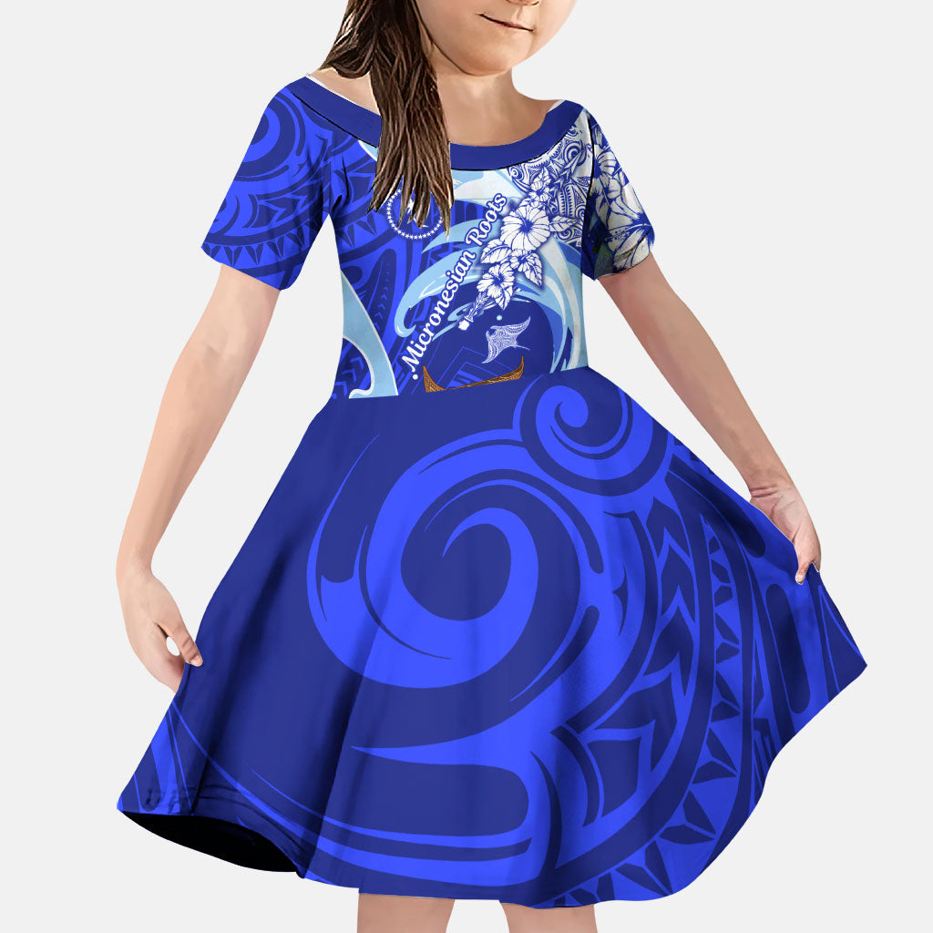 Chuuk Micronesian Roots Family Matching Off The Shoulder Long Sleeve Dress and Hawaiian Shirt Polynesian Tribal Pattern Hibiscus Flower And Stingray Art