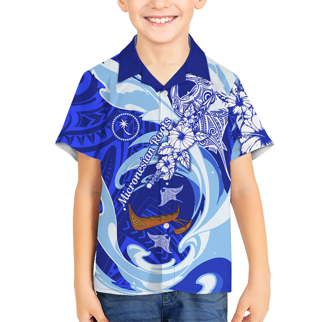 Chuuk Micronesian Roots Family Matching Off Shoulder Short Dress and Hawaiian Shirt Polynesian Tribal Pattern Hibiscus Flower And Stingray Art