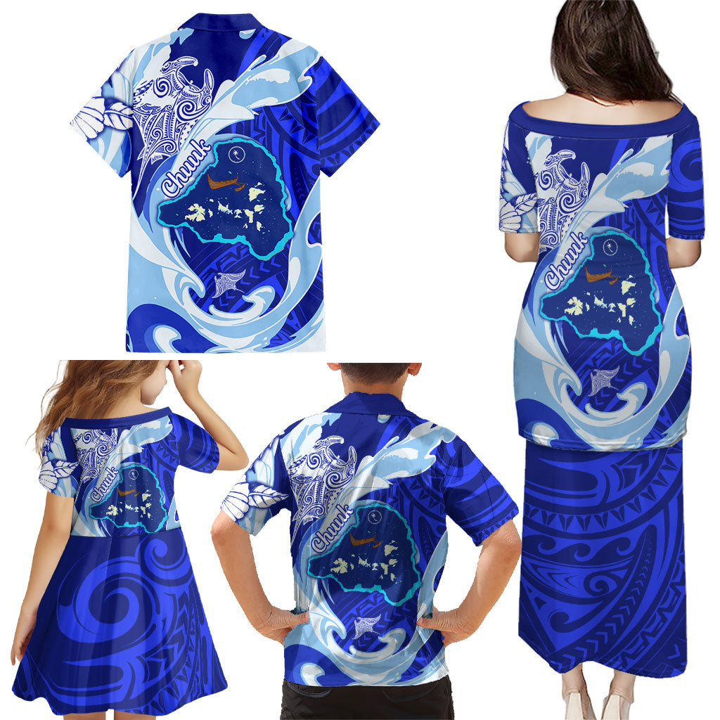 Chuuk Micronesian Roots Family Matching Puletasi and Hawaiian Shirt Polynesian Tribal Pattern Hibiscus Flower And Stingray Art