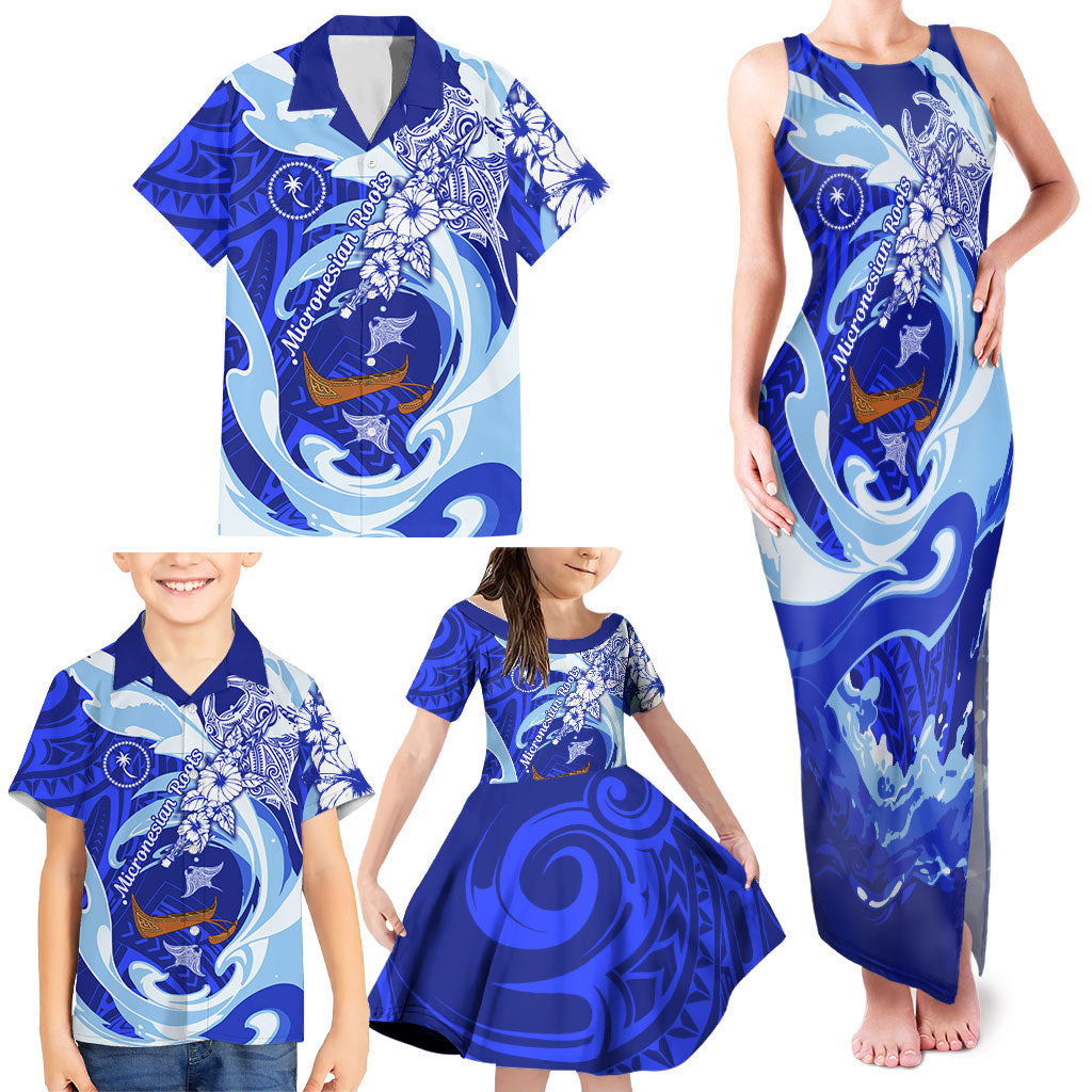 Chuuk Micronesian Roots Family Matching Tank Maxi Dress and Hawaiian Shirt Polynesian Tribal Pattern Hibiscus Flower And Stingray Art