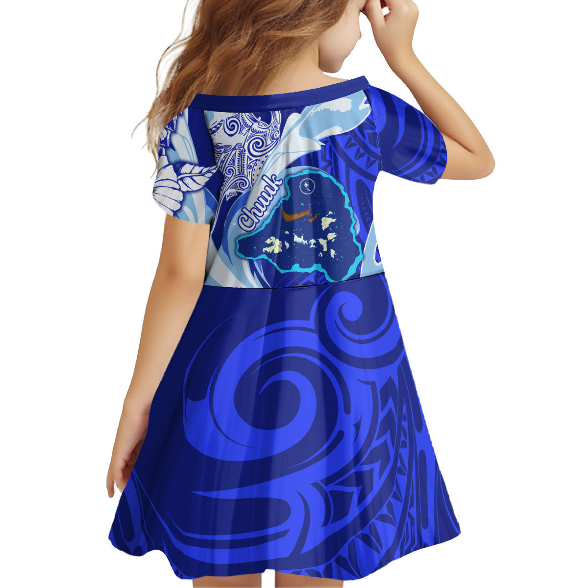 Chuuk Micronesian Roots Kid Short Sleeve Dress Polynesian Tribal Pattern Hibiscus Flower And Stingray Art