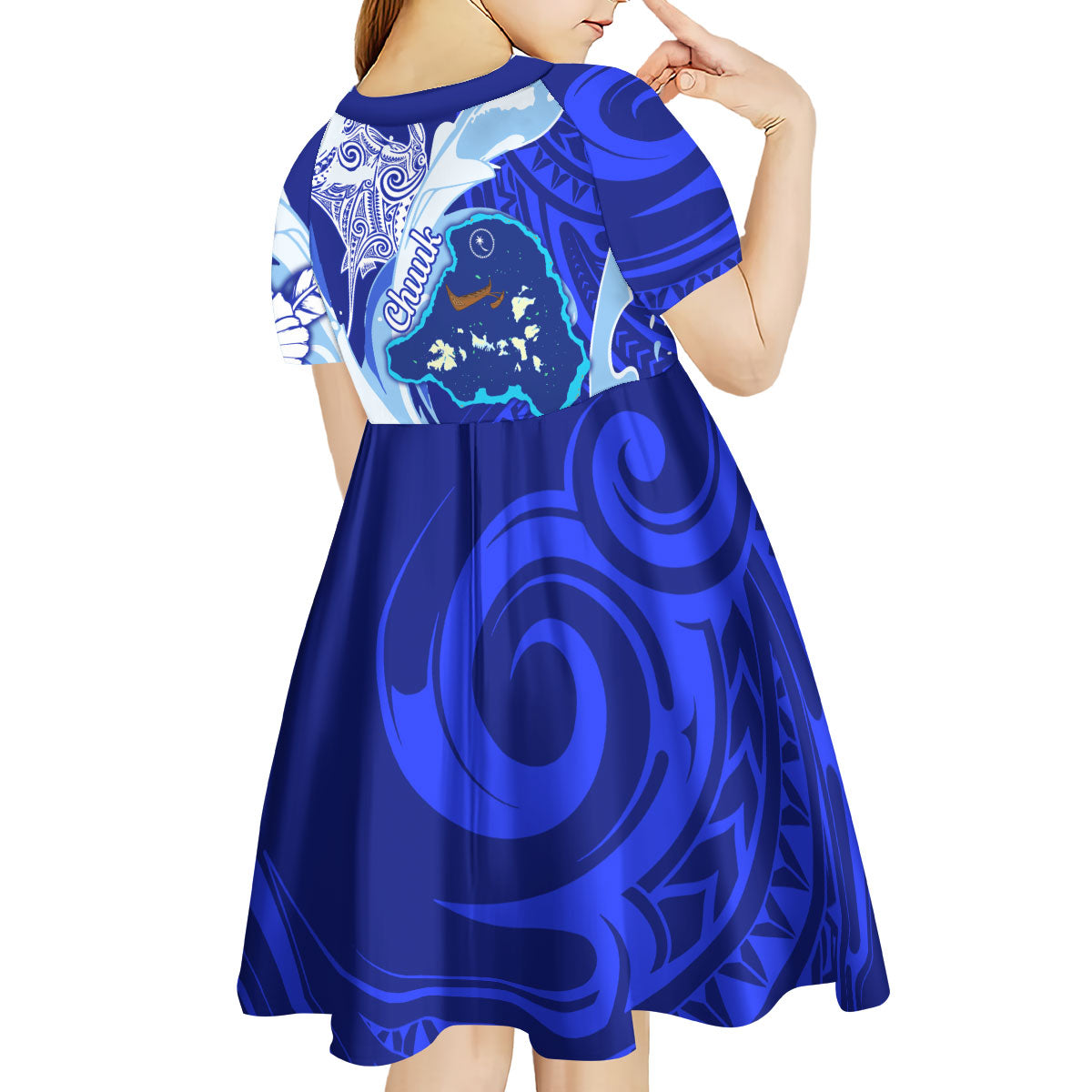 Chuuk Micronesian Roots Kid Short Sleeve Dress Polynesian Tribal Pattern Hibiscus Flower And Stingray Art