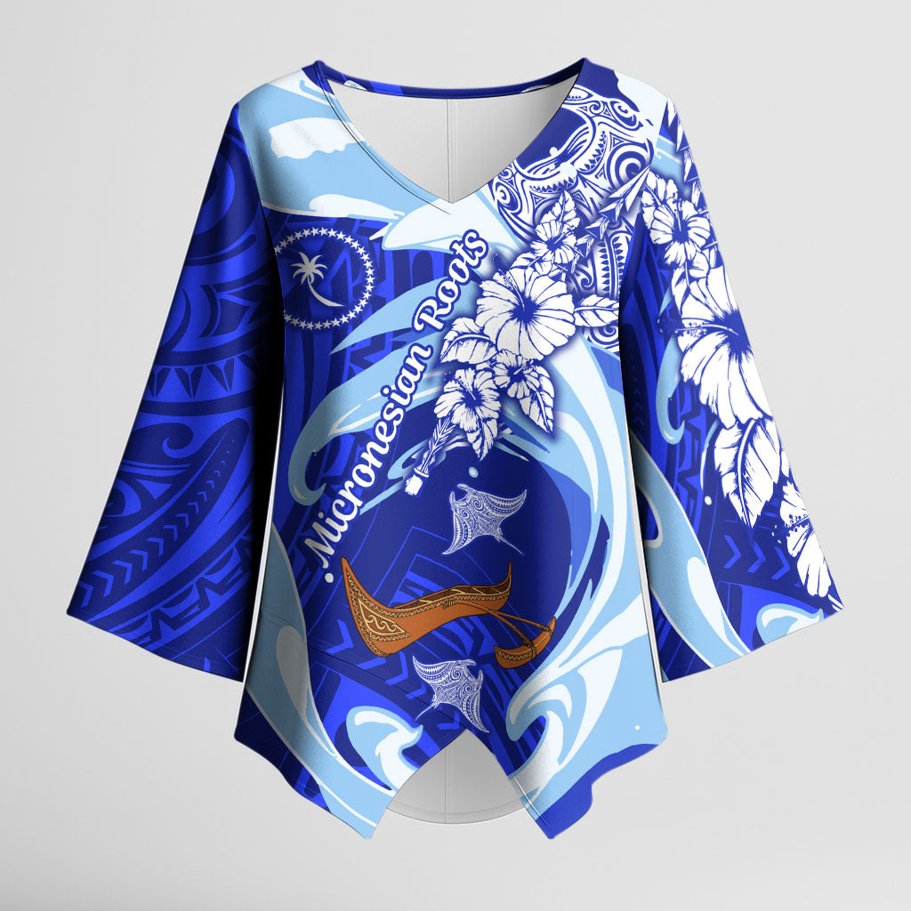 Chuuk Micronesian Roots Kimono Sleeve Blouse Polynesian Tribal Pattern Hibiscus Flower And Stingray Art