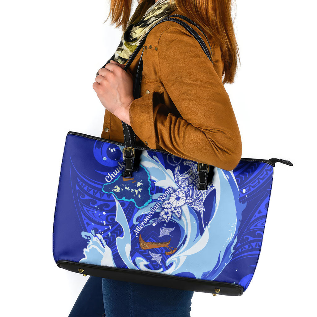 Chuuk Micronesian Roots Leather Tote Bag Polynesian Tribal Pattern Hibiscus Flower And Stingray Art