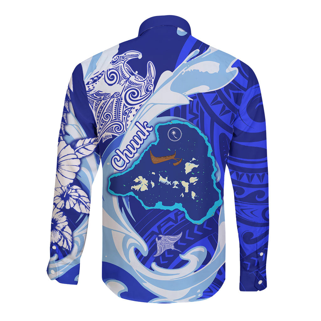 Chuuk Micronesian Roots Long Sleeve Button Shirt Polynesian Tribal Pattern Hibiscus Flower And Stingray Art