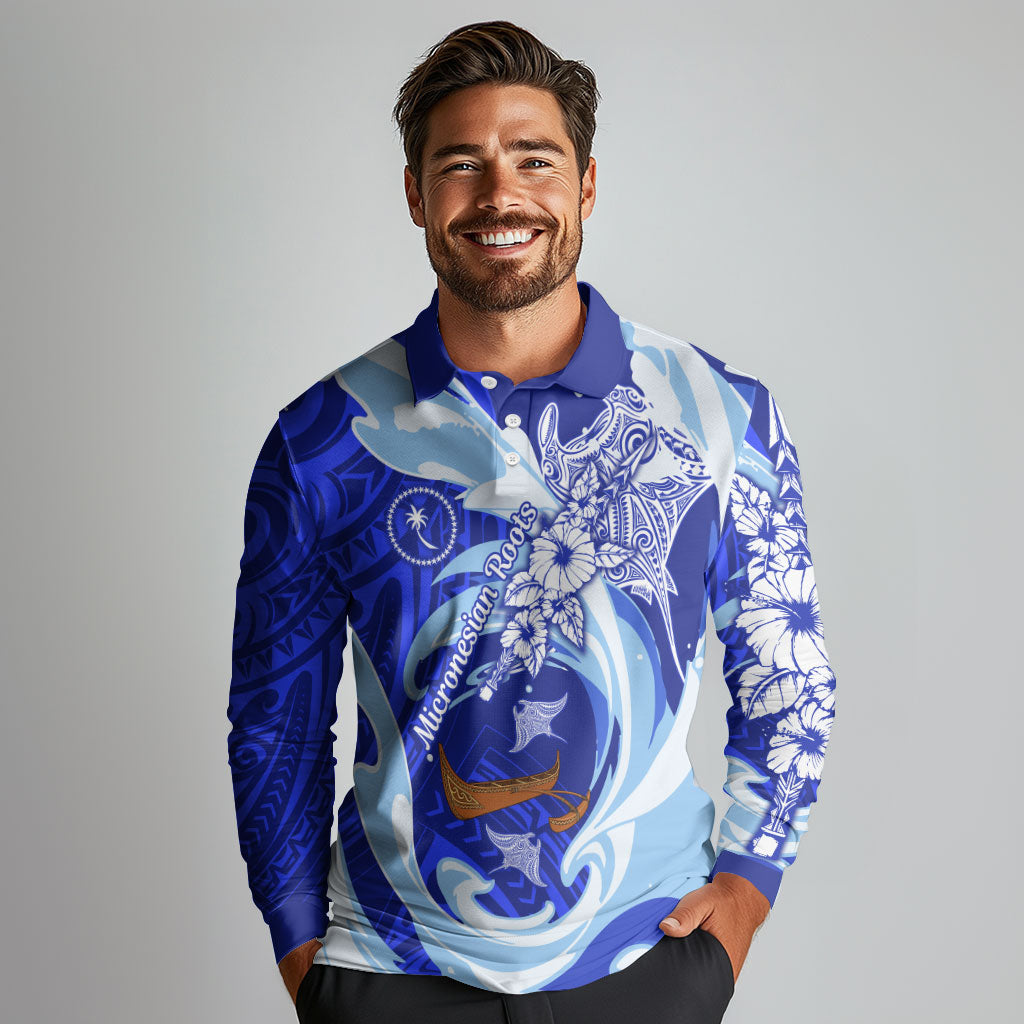 Chuuk Micronesian Roots Long Sleeve Polo Shirt Polynesian Tribal Pattern Hibiscus Flower And Stingray Art