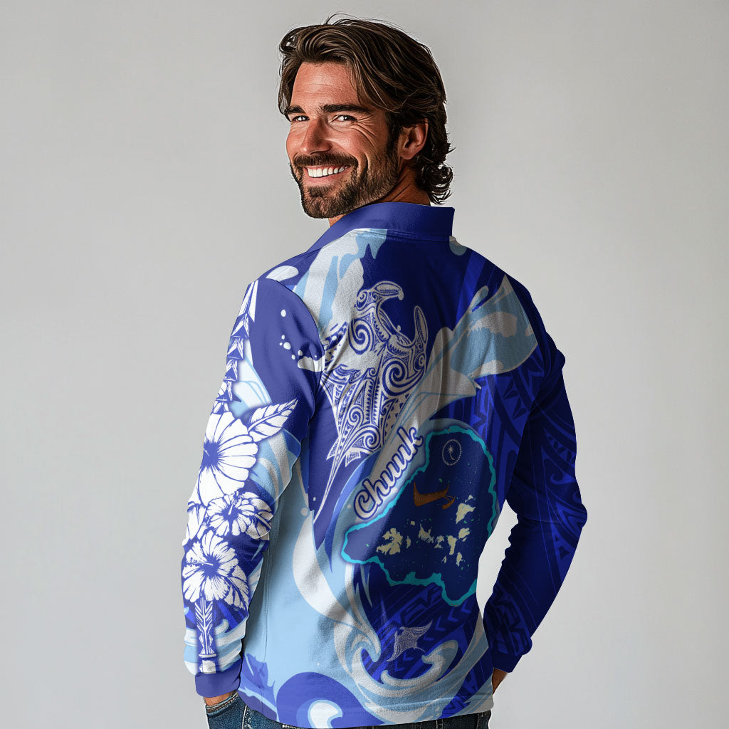 Chuuk Micronesian Roots Long Sleeve Polo Shirt Polynesian Tribal Pattern Hibiscus Flower And Stingray Art