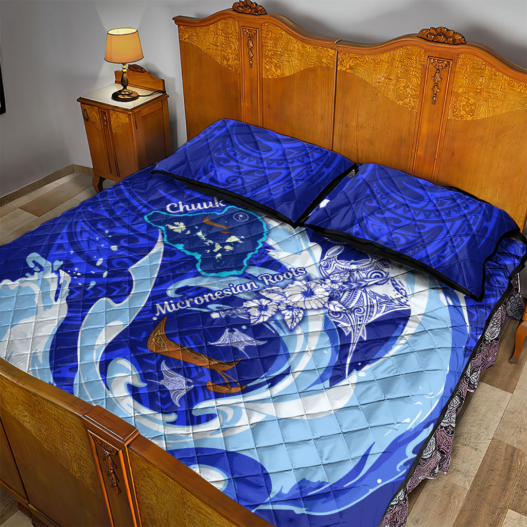 Chuuk Micronesian Roots Quilt Bed Set Polynesian Tribal Pattern Hibiscus Flower And Stingray Art