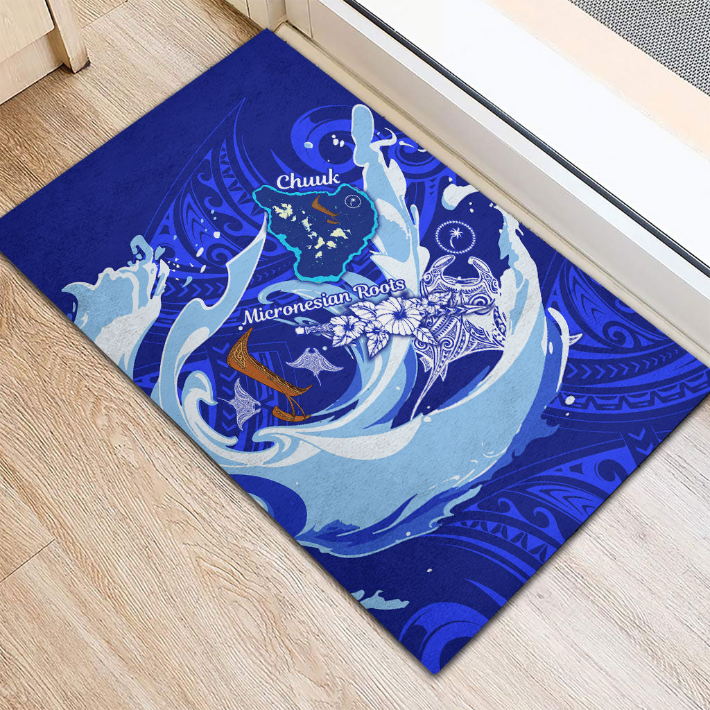 Chuuk Micronesian Roots Rubber Doormat Polynesian Tribal Pattern Hibiscus Flower And Stingray Art