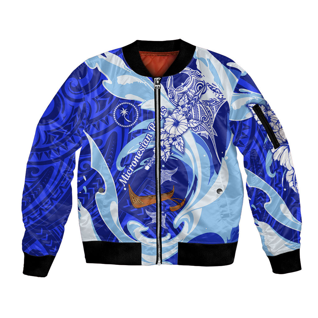 Chuuk Micronesian Roots Sleeve Zip Bomber Jacket Polynesian Tribal Pattern Hibiscus Flower And Stingray Art