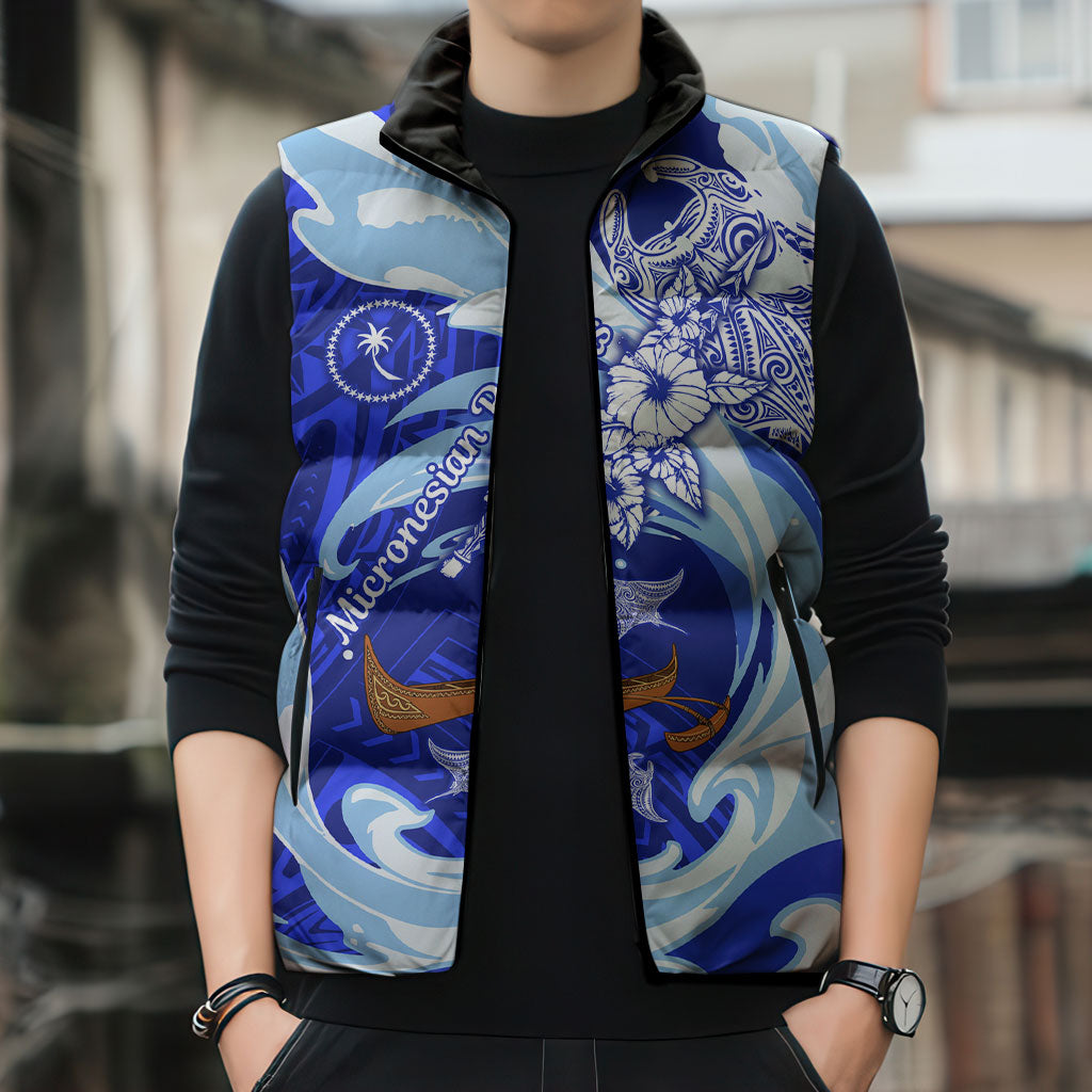 Chuuk Micronesian Roots Sleeveless Puffer Jacket Polynesian Tribal Pattern Hibiscus Flower And Stingray Art