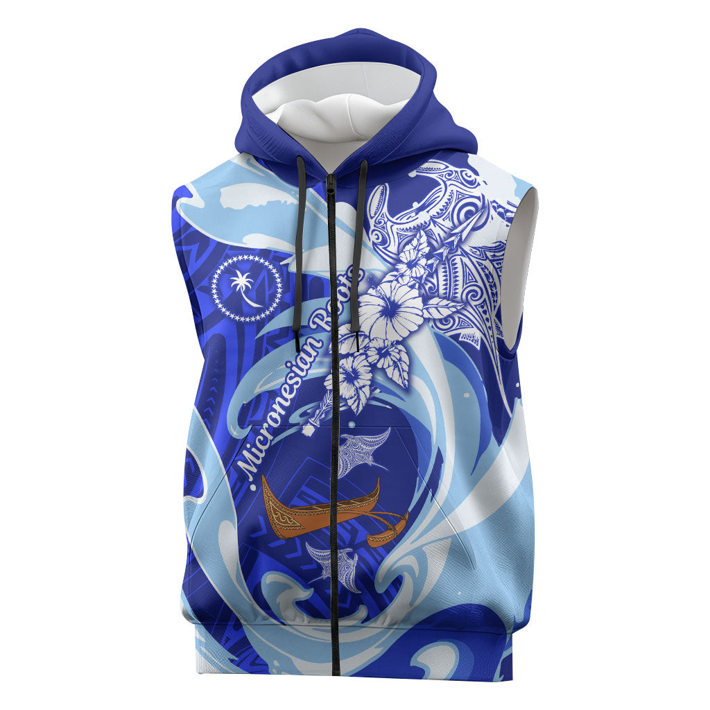 Chuuk Micronesian Roots Sleeveless Zip Hoodie Polynesian Tribal Pattern Hibiscus Flower And Stingray Art