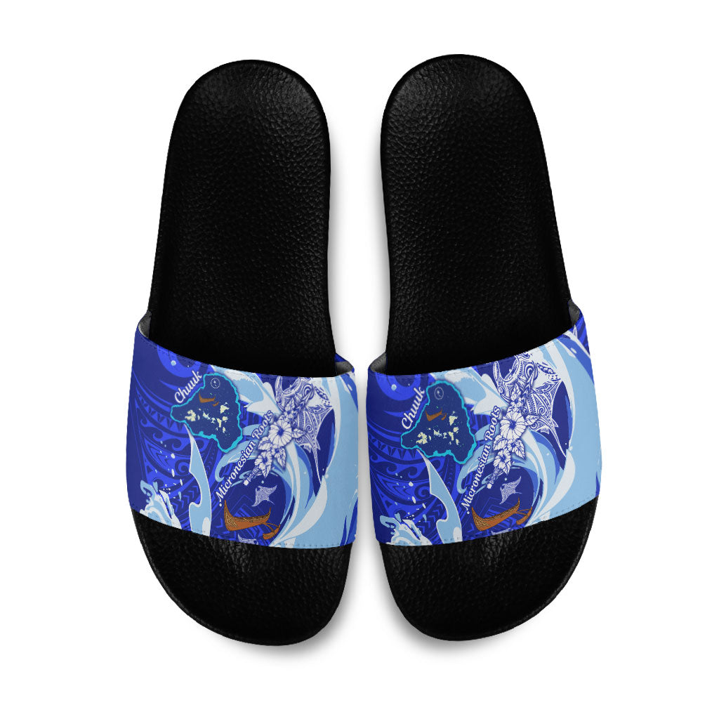 Chuuk Micronesian Roots Slide Sandals Polynesian Tribal Pattern Hibiscus Flower And Stingray Art