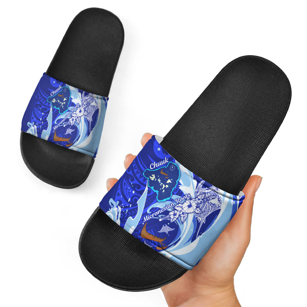 Chuuk Micronesian Roots Slide Sandals Polynesian Tribal Pattern Hibiscus Flower And Stingray Art