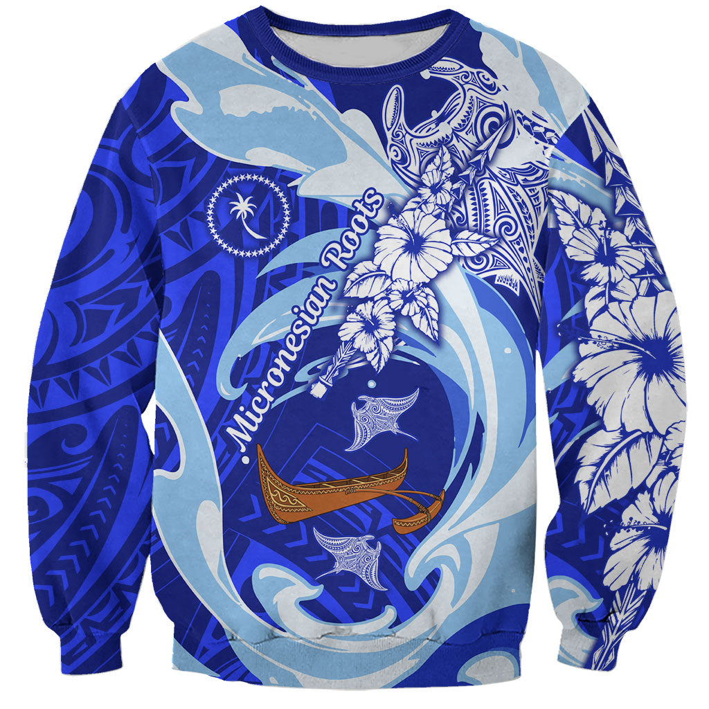 Chuuk Micronesian Roots Sweatshirt Polynesian Tribal Pattern Hibiscus Flower And Stingray Art