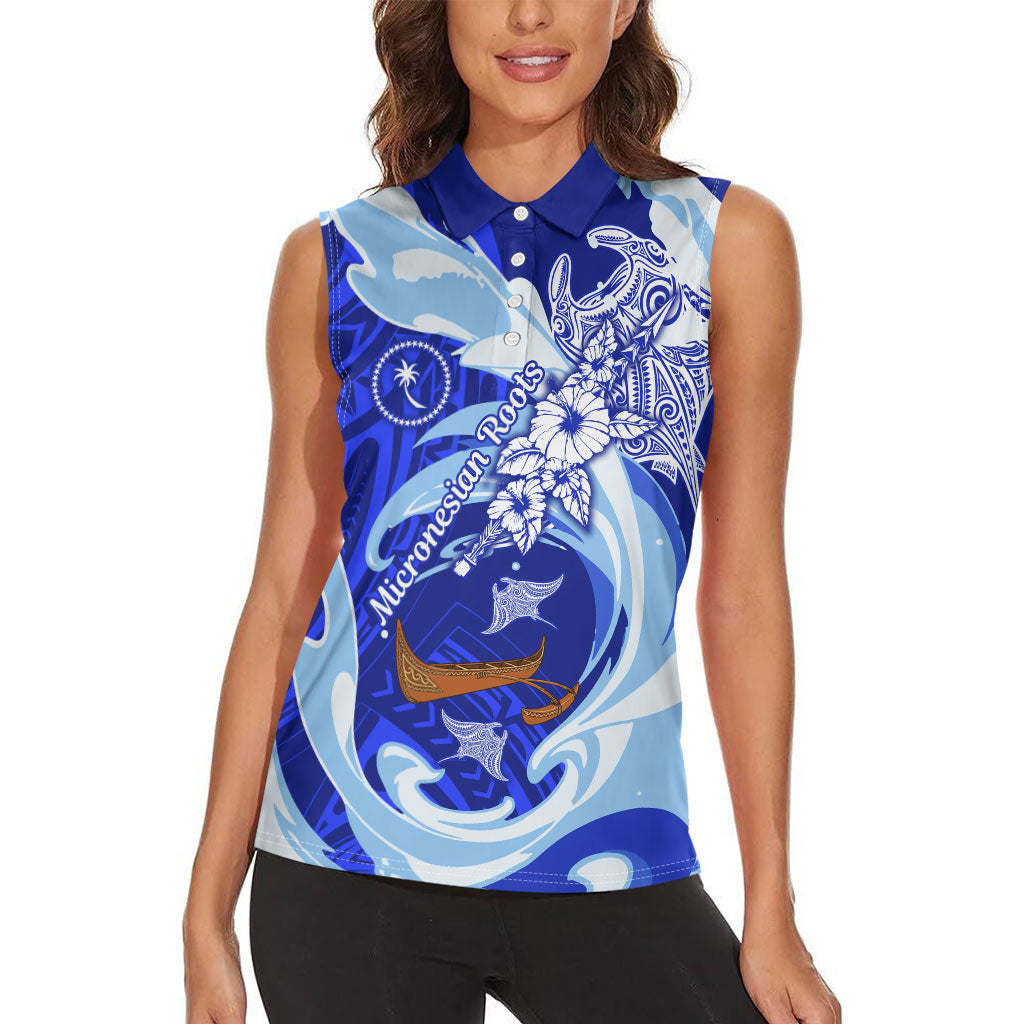 Chuuk Micronesian Roots Women Sleeveless Polo Shirt Polynesian Tribal Pattern Hibiscus Flower And Stingray Art
