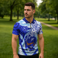 Chuuk Micronesian Roots Zipper Polo Shirt Polynesian Tribal Pattern Hibiscus Flower And Stingray Art