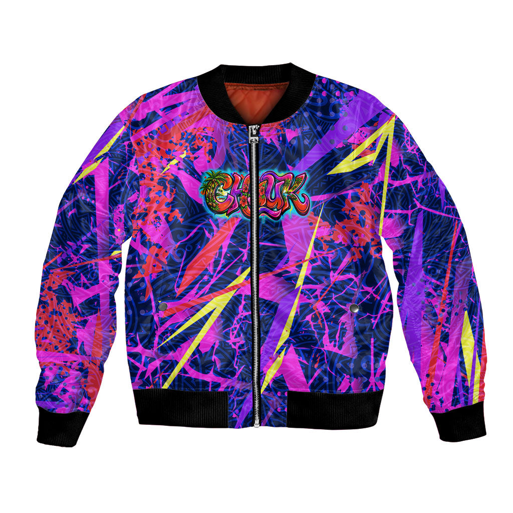 Chuuk Tropical Sunset Coordinates Bomber Jacket Neon Graffiti Polynesian Tribal