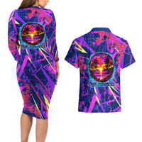 Chuuk Tropical Sunset Coordinates Couples Matching Long Sleeve Bodycon Dress and Hawaiian Shirt Neon Graffiti Polynesian Tribal