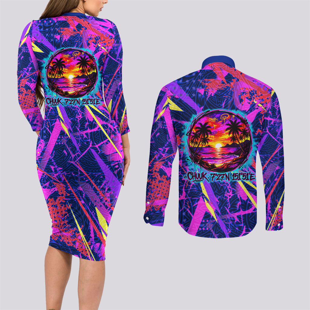 Chuuk Tropical Sunset Coordinates Couples Matching Long Sleeve Bodycon Dress and Long Sleeve Button Shirt Neon Graffiti Polynesian Tribal