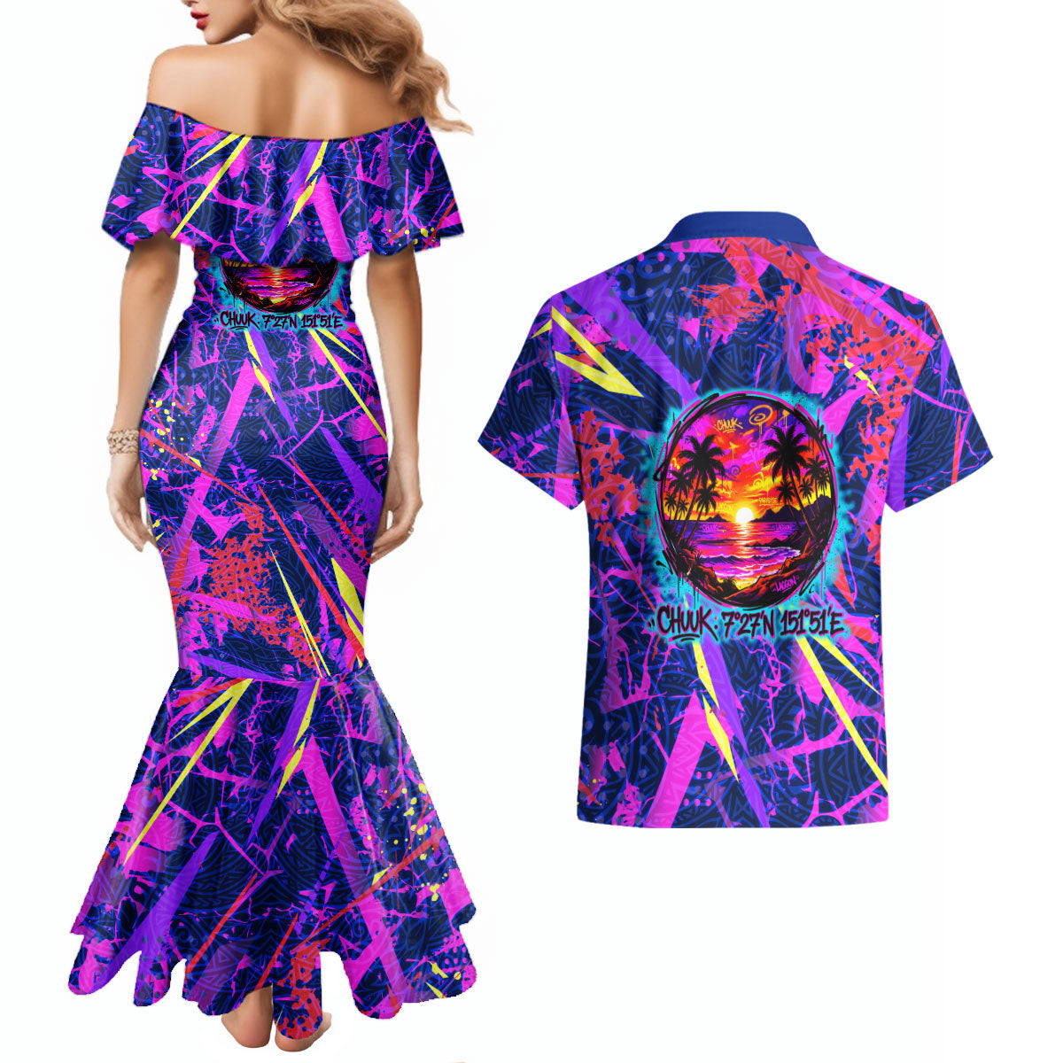 Chuuk Tropical Sunset Coordinates Couples Matching Mermaid Dress and Hawaiian Shirt Neon Graffiti Polynesian Tribal