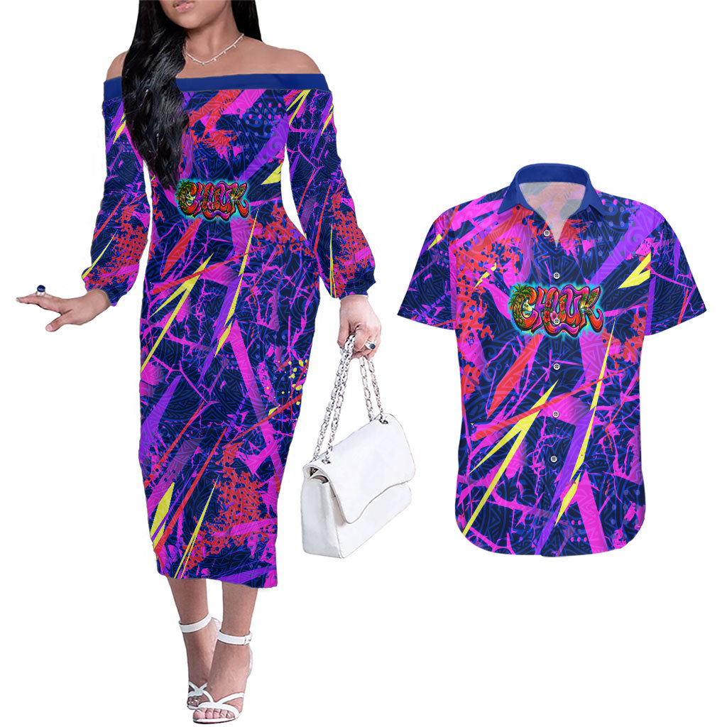 Chuuk Tropical Sunset Coordinates Couples Matching Off The Shoulder Long Sleeve Dress and Hawaiian Shirt Neon Graffiti Polynesian Tribal