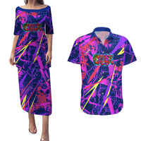 Chuuk Tropical Sunset Coordinates Couples Matching Puletasi and Hawaiian Shirt Neon Graffiti Polynesian Tribal