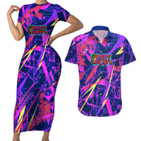 Chuuk Tropical Sunset Coordinates Couples Matching Short Sleeve Bodycon Dress and Hawaiian Shirt Neon Graffiti Polynesian Tribal