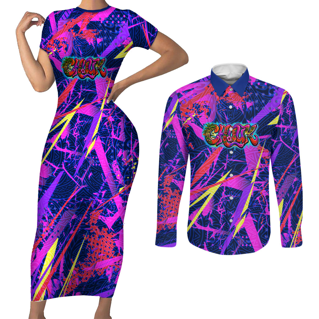 Chuuk Tropical Sunset Coordinates Couples Matching Short Sleeve Bodycon Dress and Long Sleeve Button Shirt Neon Graffiti Polynesian Tribal