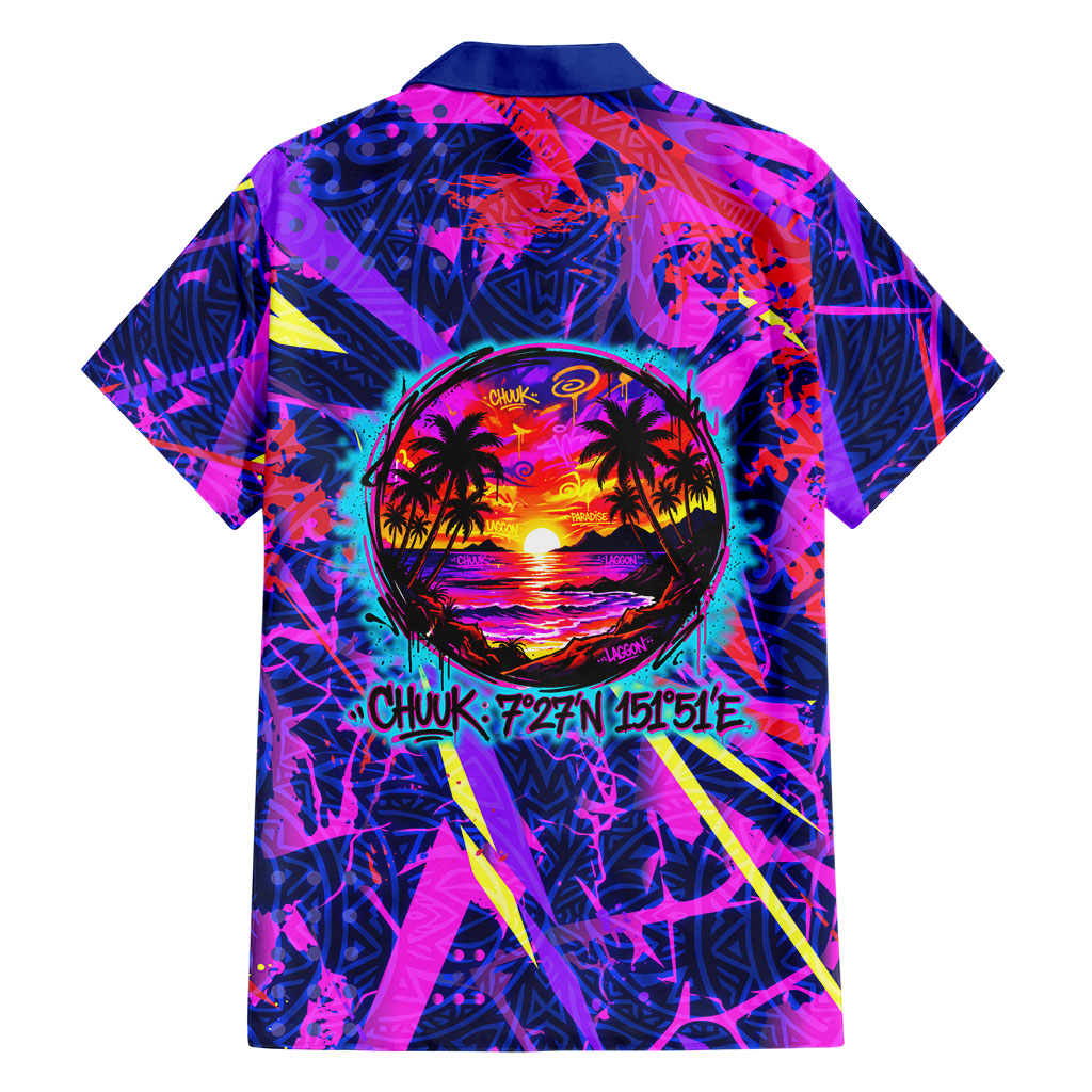 Chuuk Tropical Sunset Coordinates Family Matching Long Sleeve Bodycon Dress and Hawaiian Shirt Neon Graffiti Polynesian Tribal