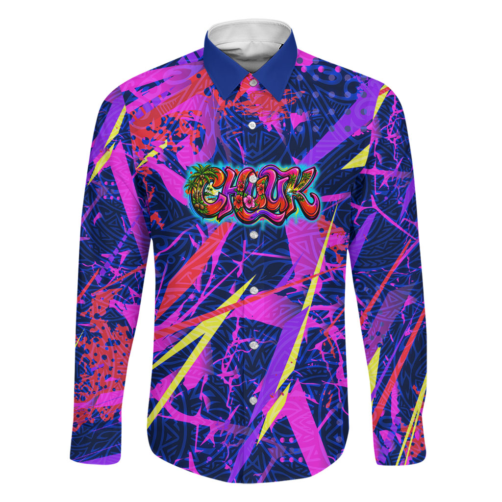 Chuuk Tropical Sunset Coordinates Family Matching Off The Shoulder Long Sleeve Dress and Hawaiian Shirt Neon Graffiti Polynesian Tribal