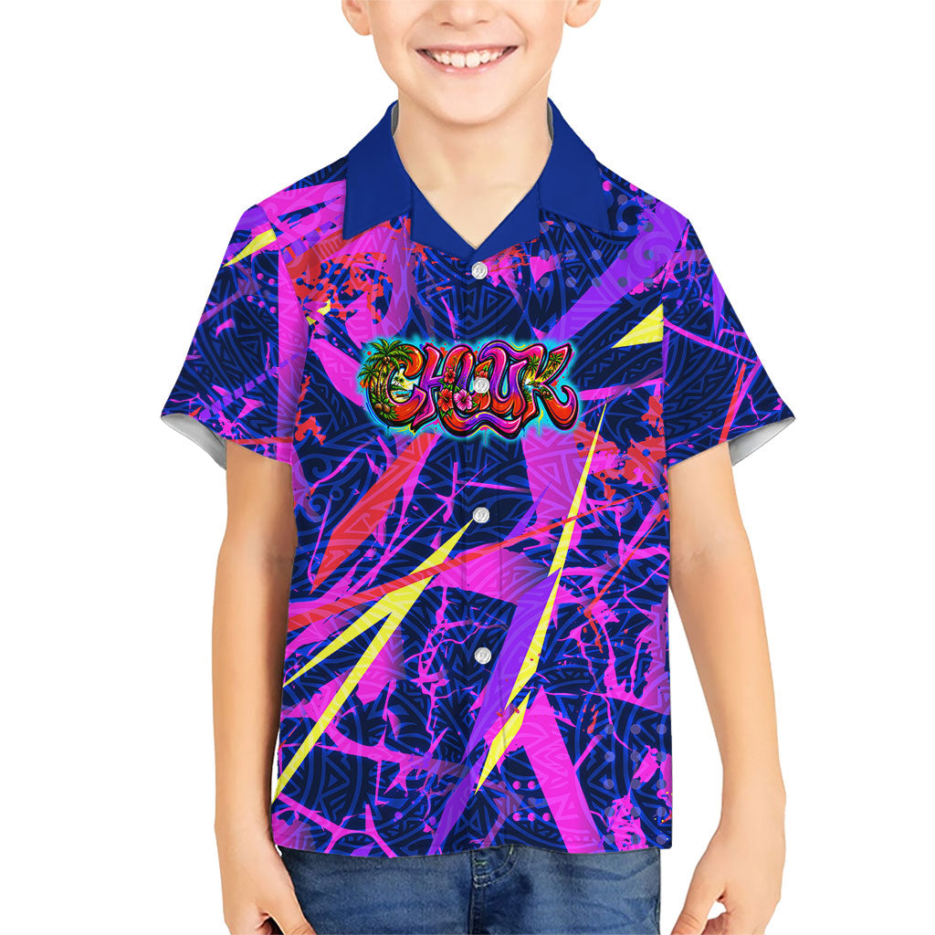 Chuuk Tropical Sunset Coordinates Family Matching Off The Shoulder Long Sleeve Dress and Hawaiian Shirt Neon Graffiti Polynesian Tribal