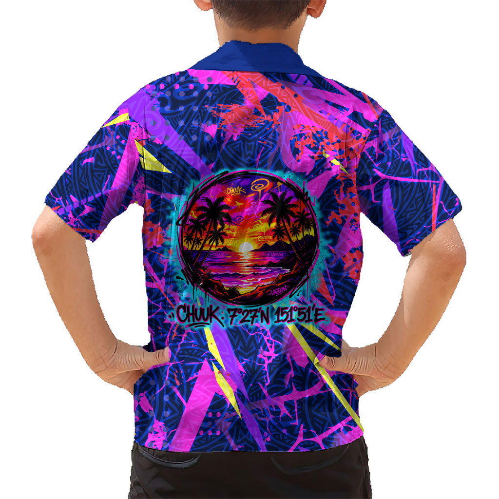 Chuuk Tropical Sunset Coordinates Family Matching Off Shoulder Short Dress and Hawaiian Shirt Neon Graffiti Polynesian Tribal