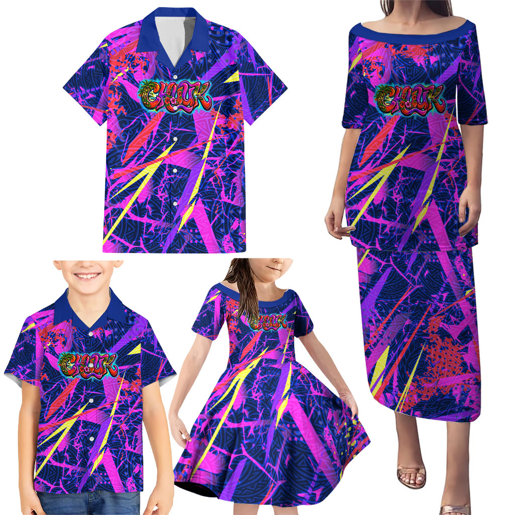Chuuk Tropical Sunset Coordinates Family Matching Puletasi and Hawaiian Shirt Neon Graffiti Polynesian Tribal
