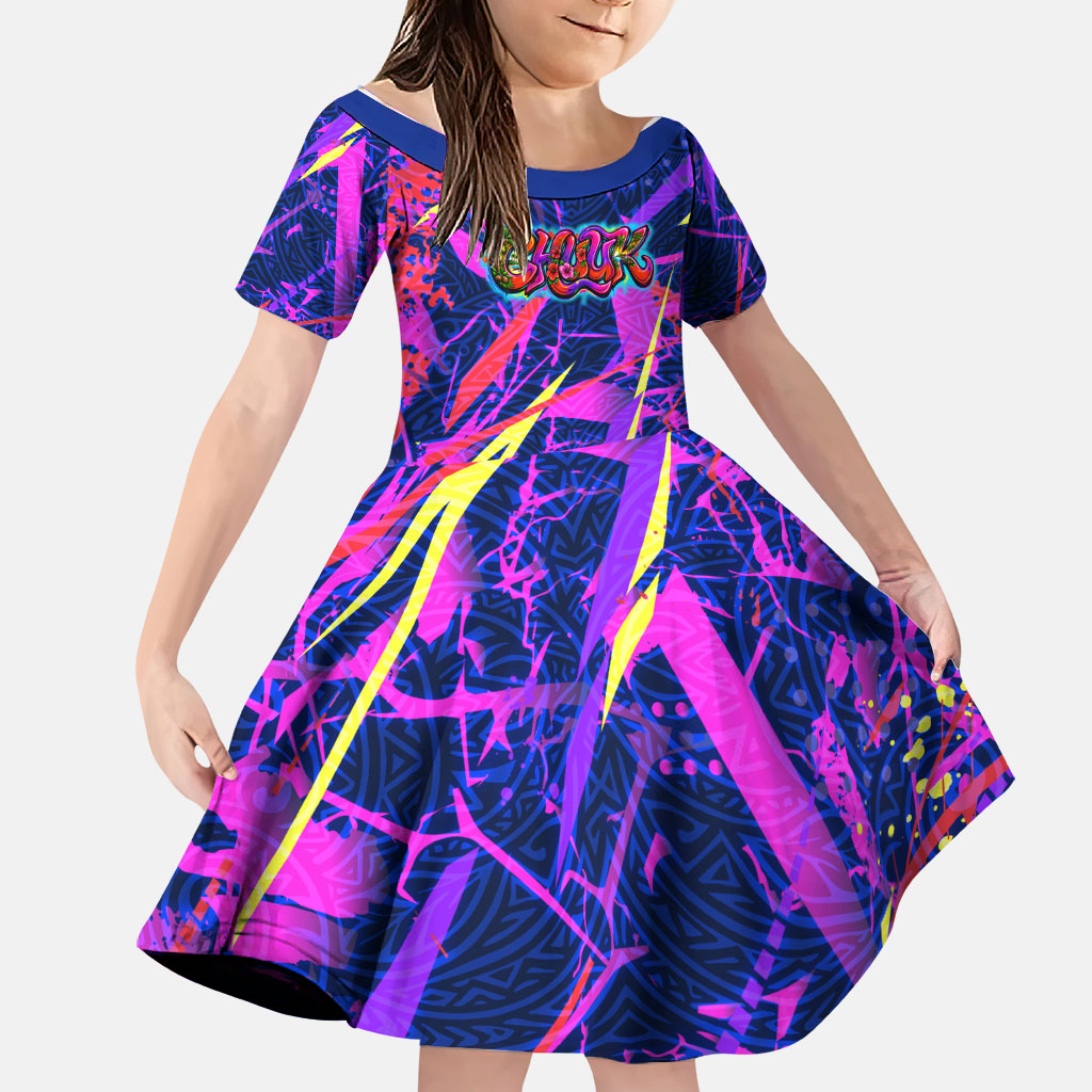 Chuuk Tropical Sunset Coordinates Family Matching Short Sleeve Bodycon Dress and Hawaiian Shirt Neon Graffiti Polynesian Tribal