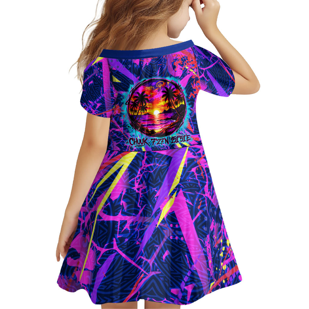 Chuuk Tropical Sunset Coordinates Family Matching Short Sleeve Bodycon Dress and Hawaiian Shirt Neon Graffiti Polynesian Tribal