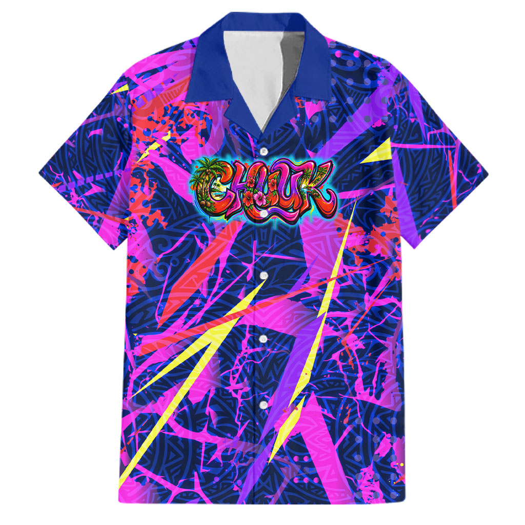 Chuuk Tropical Sunset Coordinates Family Matching Short Sleeve Bodycon Dress and Hawaiian Shirt Neon Graffiti Polynesian Tribal