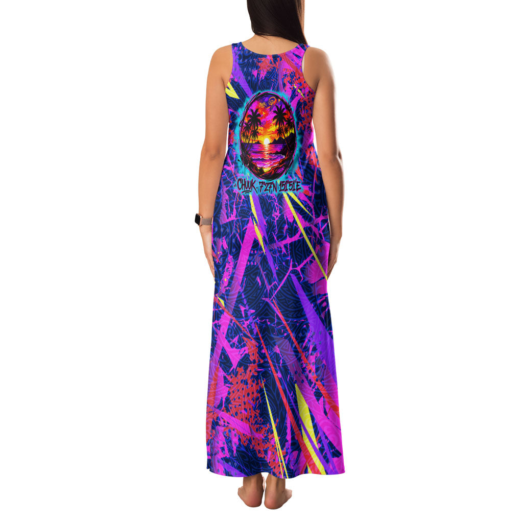 Chuuk Tropical Sunset Coordinates Family Matching Tank Maxi Dress and Hawaiian Shirt Neon Graffiti Polynesian Tribal