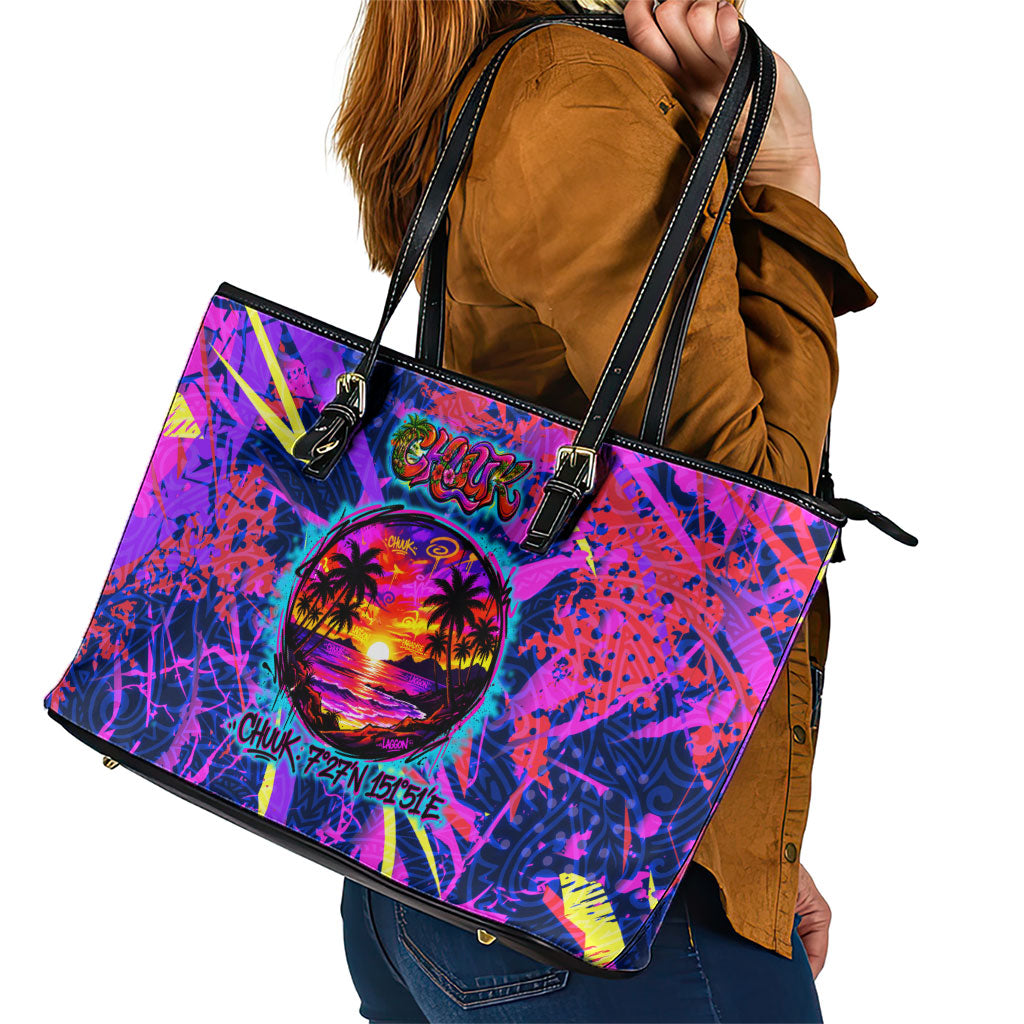 Chuuk Tropical Sunset Coordinates Leather Tote Bag Neon Graffiti Polynesian Tribal