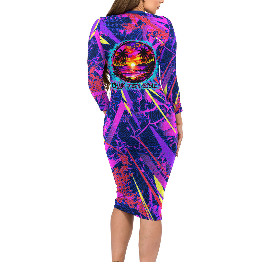 Chuuk Tropical Sunset Coordinates Long Sleeve Bodycon Dress Neon Graffiti Polynesian Tribal