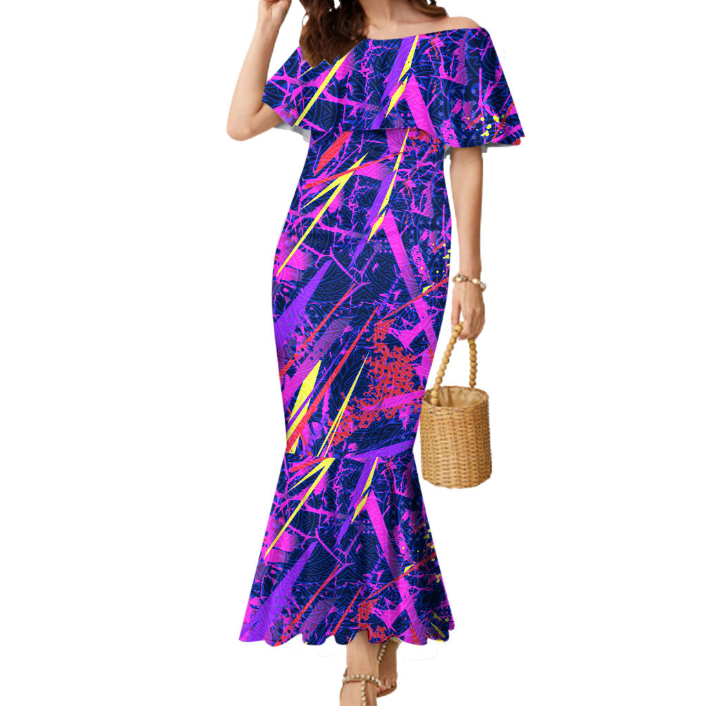 Chuuk Tropical Sunset Coordinates Mermaid Dress Neon Graffiti Polynesian Tribal