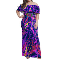 Chuuk Tropical Sunset Coordinates Off Shoulder Maxi Dress Neon Graffiti Polynesian Tribal