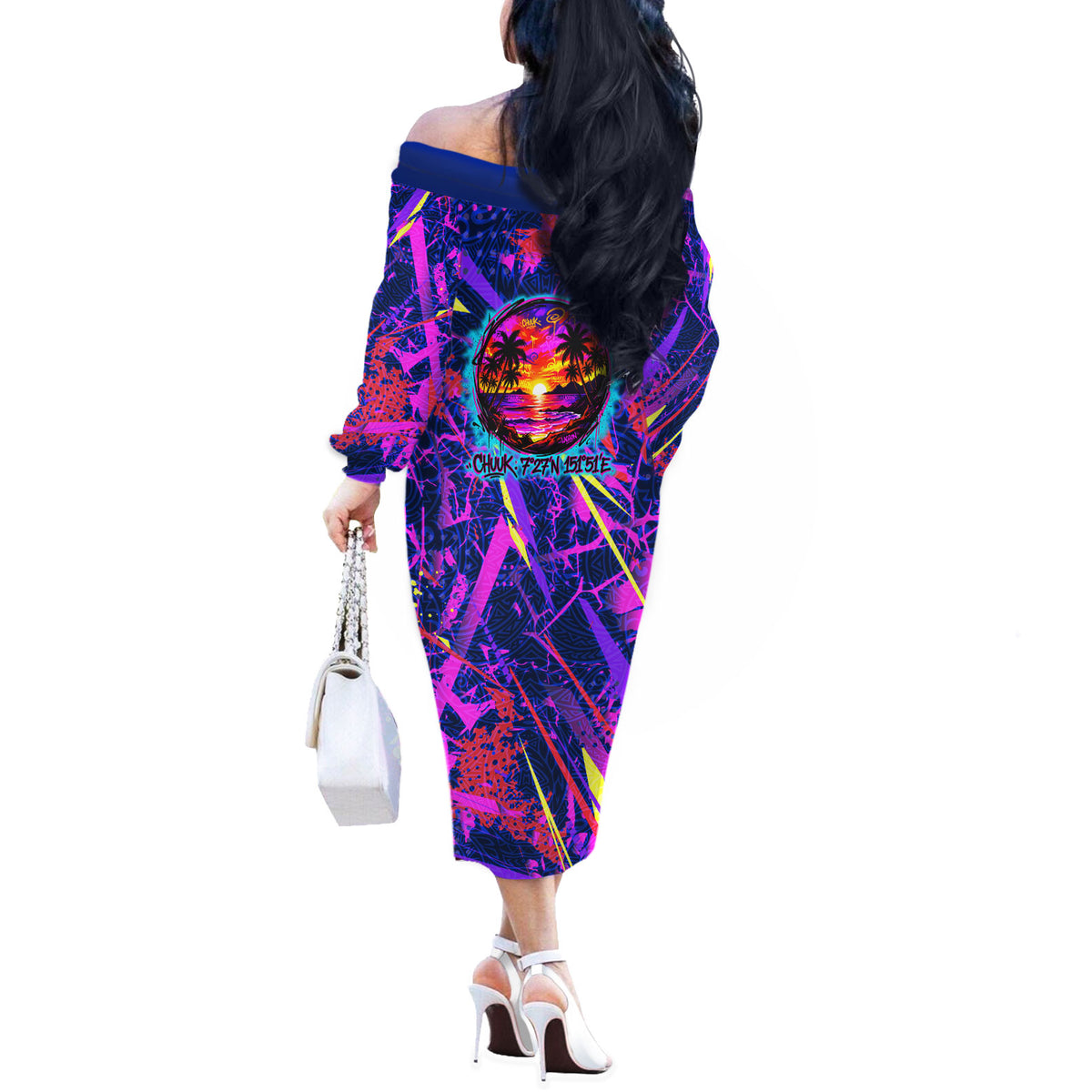 Chuuk Tropical Sunset Coordinates Off The Shoulder Long Sleeve Dress Neon Graffiti Polynesian Tribal