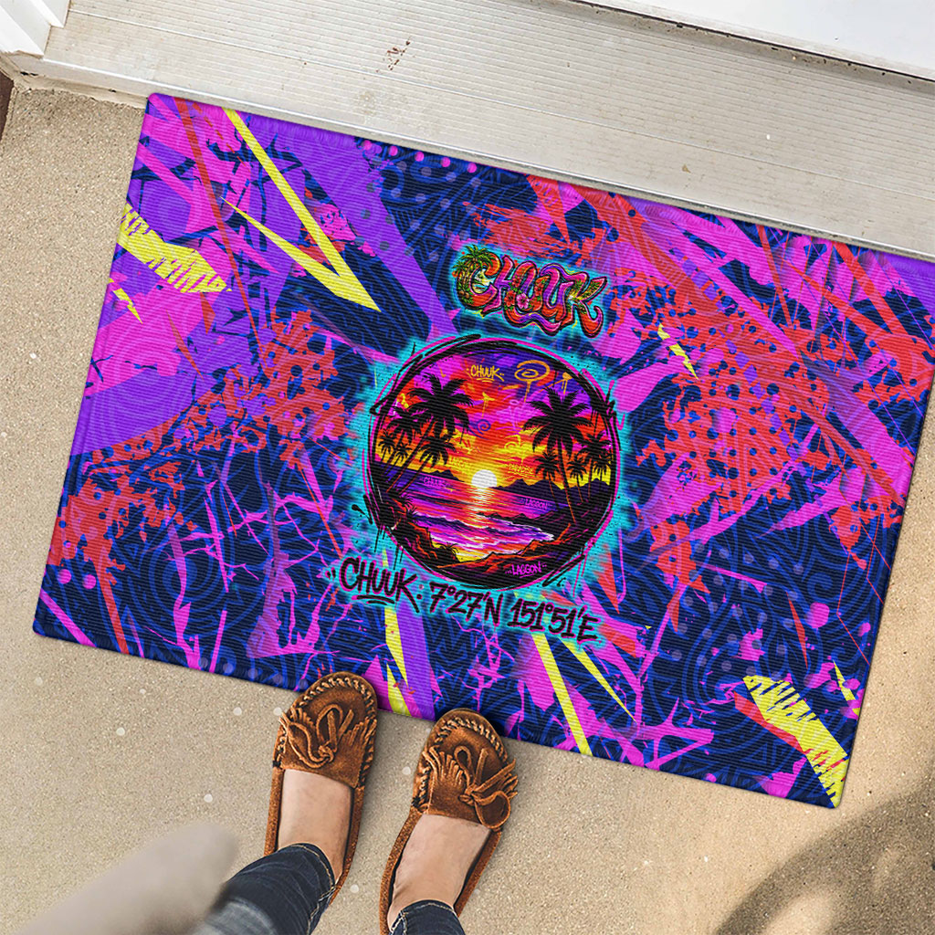 Chuuk Tropical Sunset Coordinates Rubber Doormat Neon Graffiti Polynesian Tribal