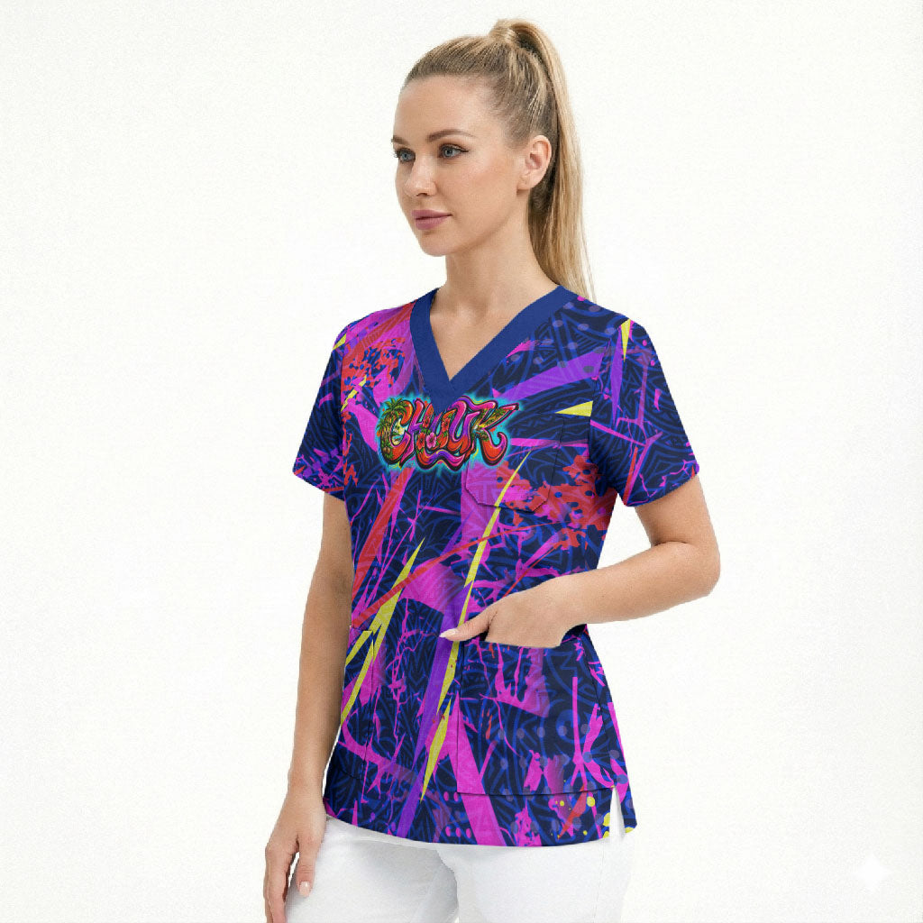 Chuuk Tropical Sunset Coordinates Scrub Top Neon Graffiti Polynesian Tribal