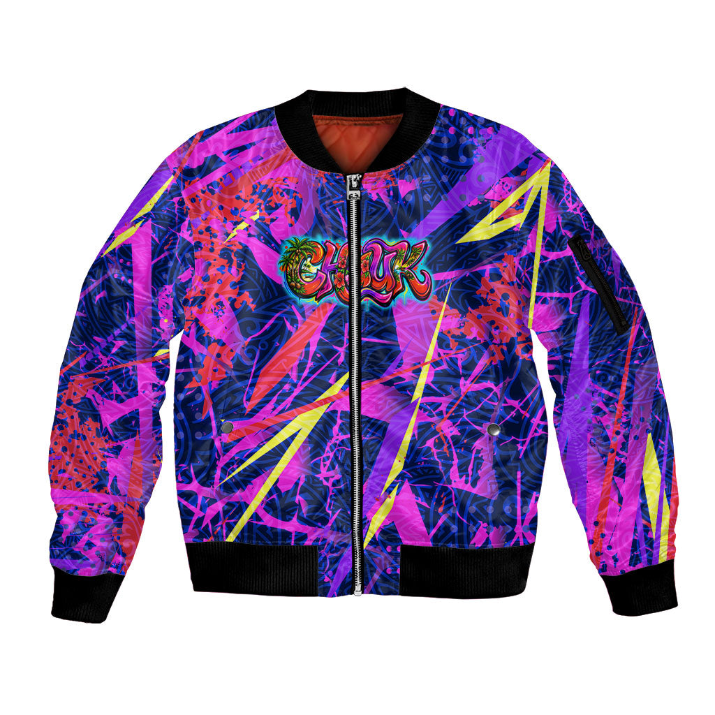 Chuuk Tropical Sunset Coordinates Sleeve Zip Bomber Jacket Neon Graffiti Polynesian Tribal