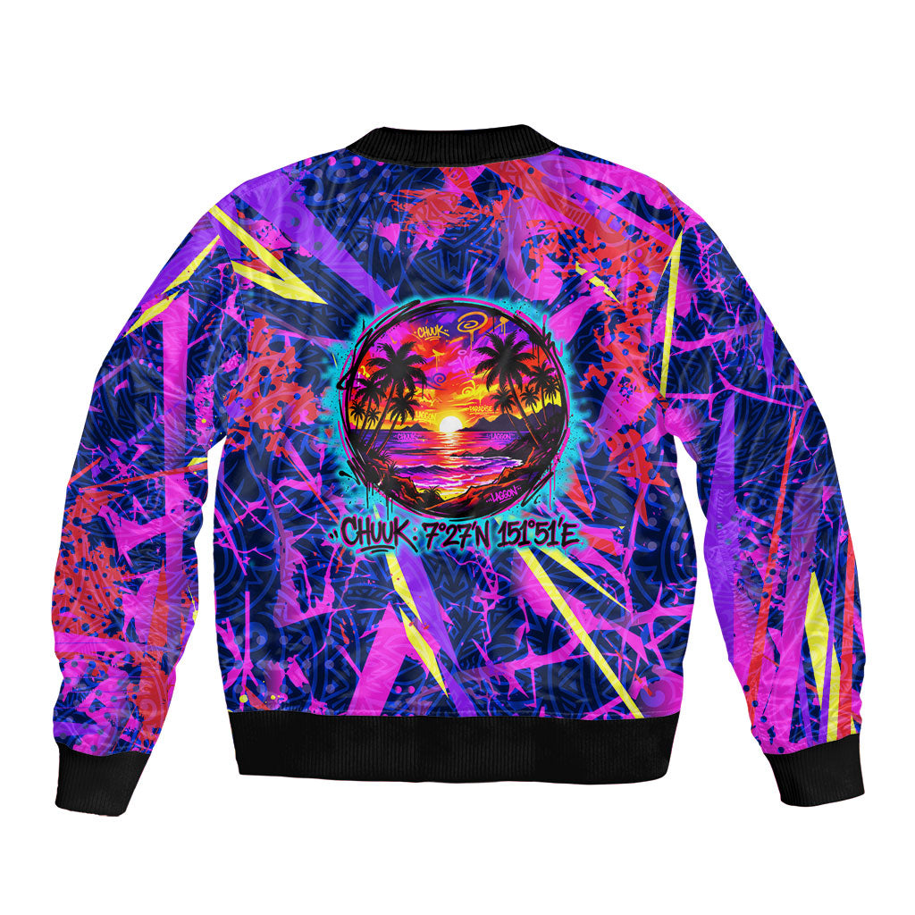 Chuuk Tropical Sunset Coordinates Sleeve Zip Bomber Jacket Neon Graffiti Polynesian Tribal