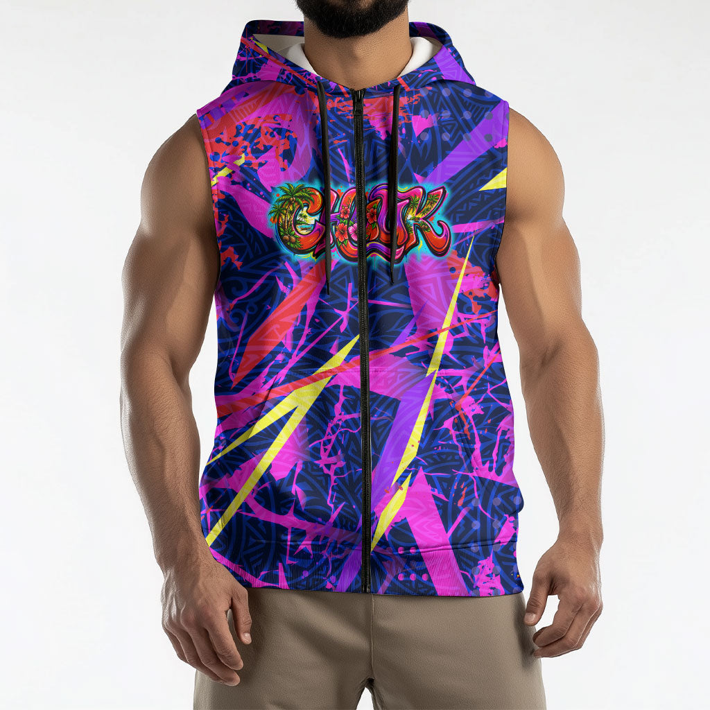 Chuuk Tropical Sunset Coordinates Sleeveless Zip Hoodie Neon Graffiti Polynesian Tribal