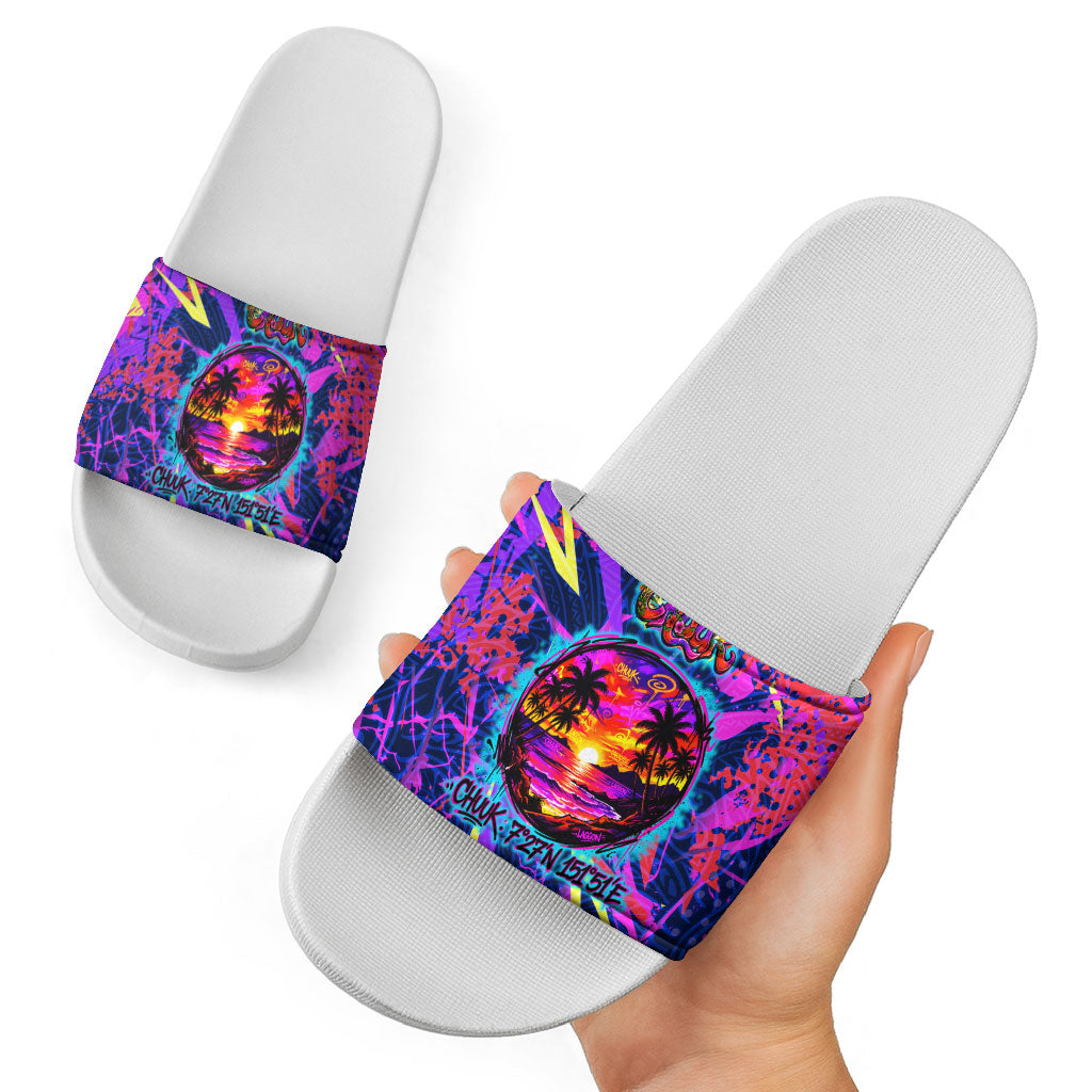 Chuuk Tropical Sunset Coordinates Slide Sandals Neon Graffiti Polynesian Tribal