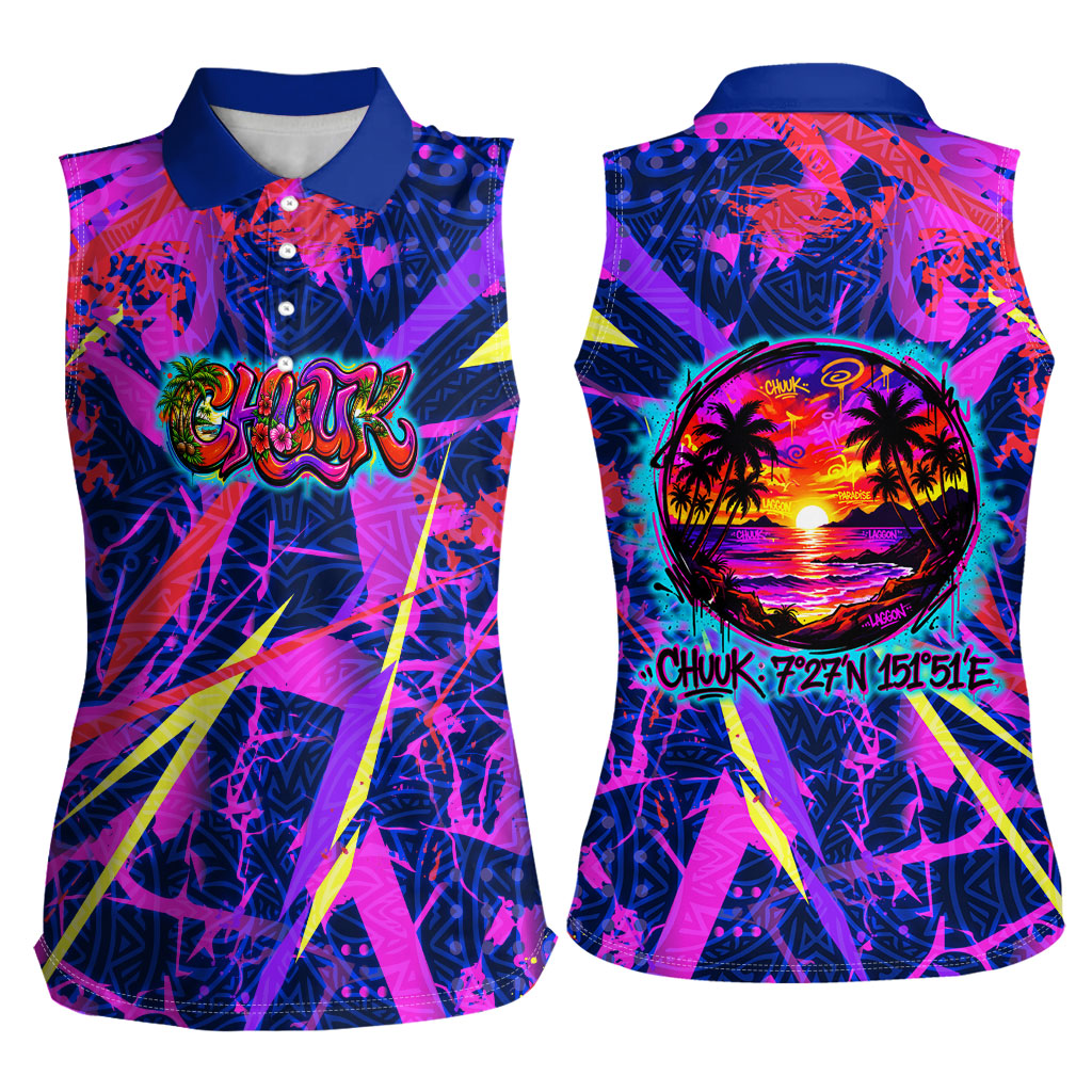 Chuuk Tropical Sunset Coordinates Women Sleeveless Polo Shirt Neon Graffiti Polynesian Tribal